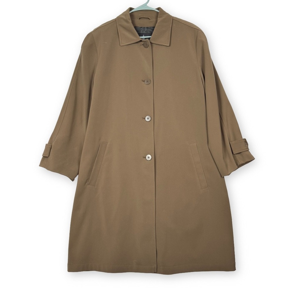 London Fog Womens Khaki Tan Button Front Trench Coat Jacket Size L Regular